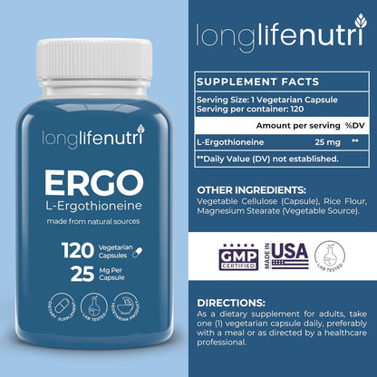 L-Ergothioneine 25mg - 120 Cápsulas Vegetarianas, Suministro para 4 Meses, Suplemento Antioxidante – Image 2
