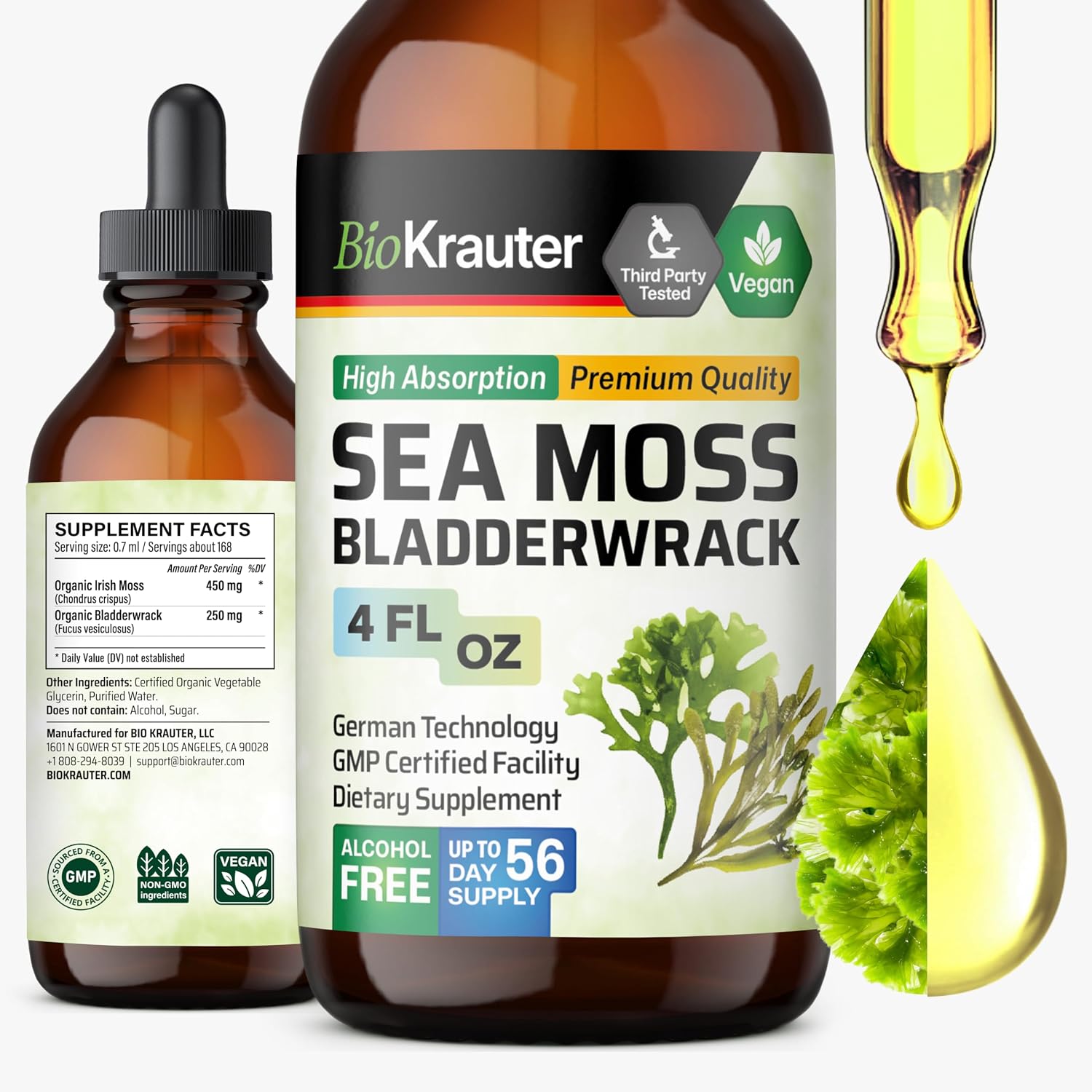 BIO KRAUTER® Gotas de Musgo de Mar y Bladderwrack - Suplemento Vegano de Algas Marinas, 118 ml