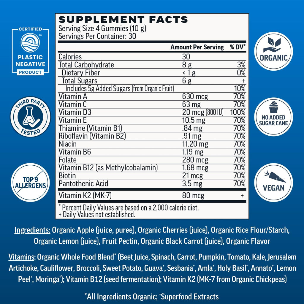 Llama Naturals Multivitamínico para Hombres, Gominolas Veganas y Orgánicas con Vitamina D, C y K, Sabor Cereza, 120 uds