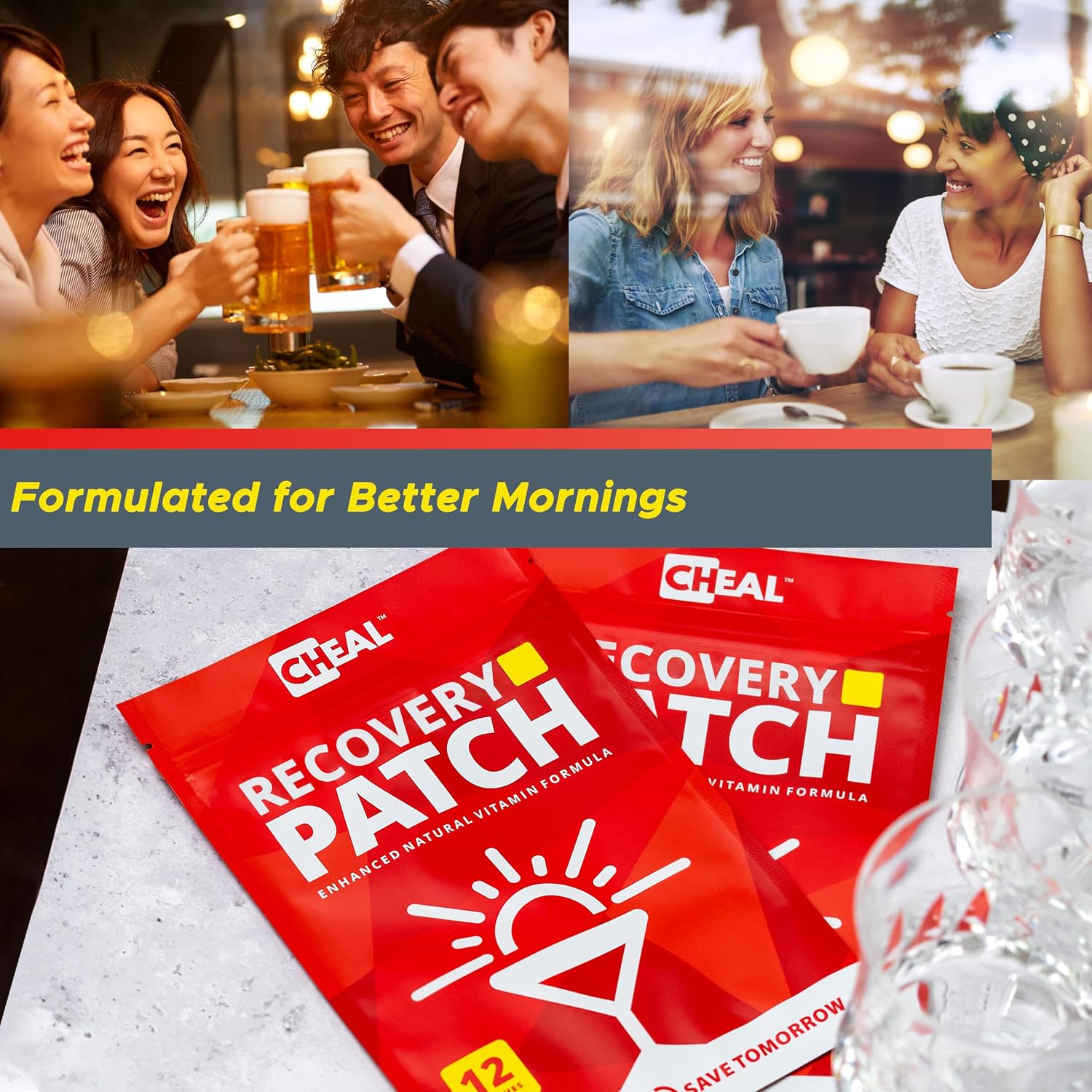 CHEAL Party Recovery Patches - 12 Parches - Recuperación Post-Fiesta - Complejo B - 100% Natural - Transparente e Impermeable