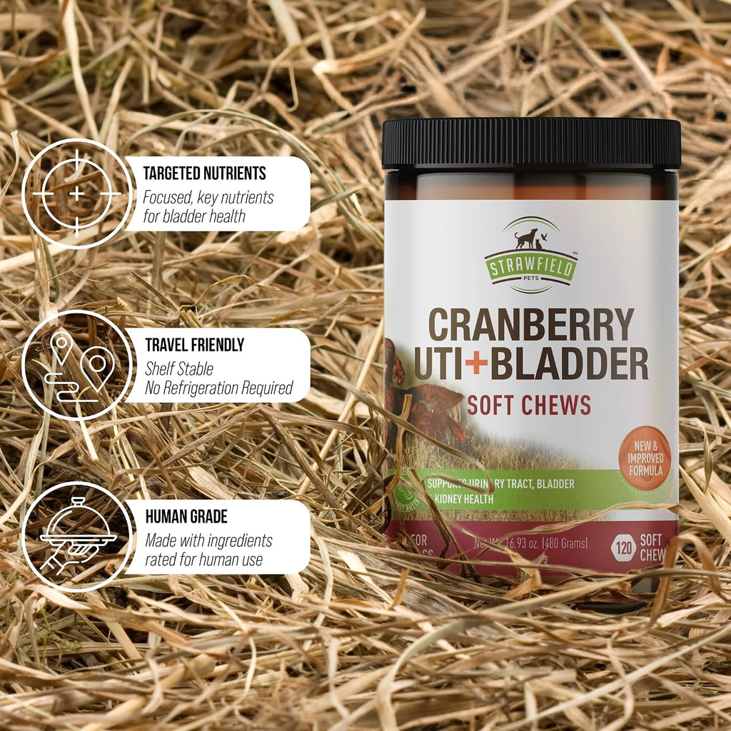 Strawfield Pets Cranberry Bladder & UTI Chews para Perros con D-Mannosa + Vitamina C - Snacks Blandos Sabor Bacon (120 unidades)