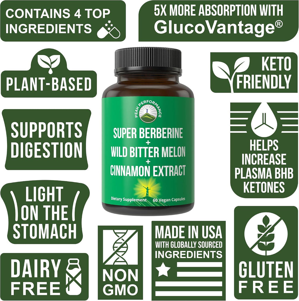 Ultra High Strength 4-in-1 Super Berberine con GlucoVantage, Melón Amargo, Canela y Cromo - Cápsulas Veganas
