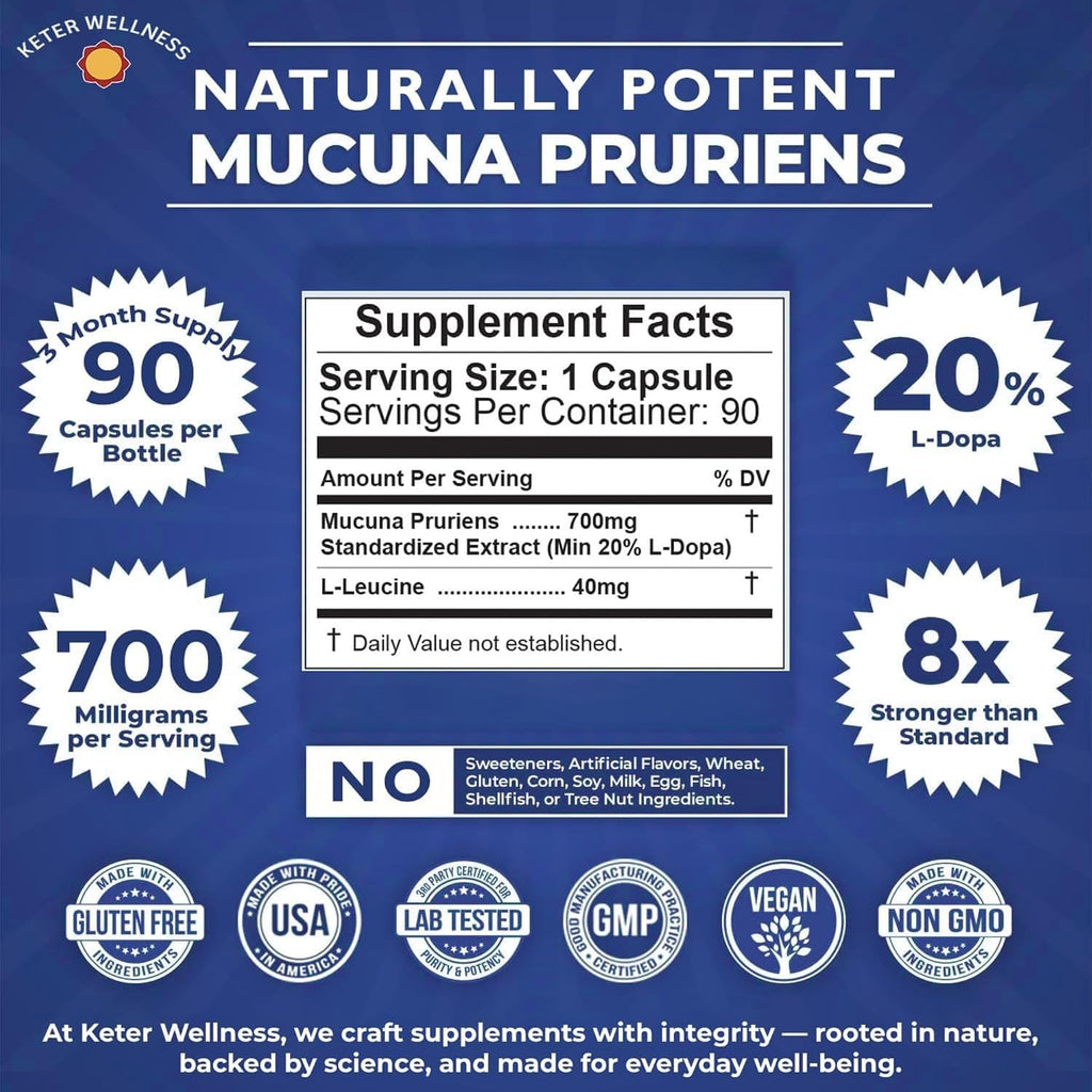 Mucuna Pruriens 20% L-Dopa – Extracto Estandarizado de Frijol de Terciopelo – 90 Cápsulas Veganas