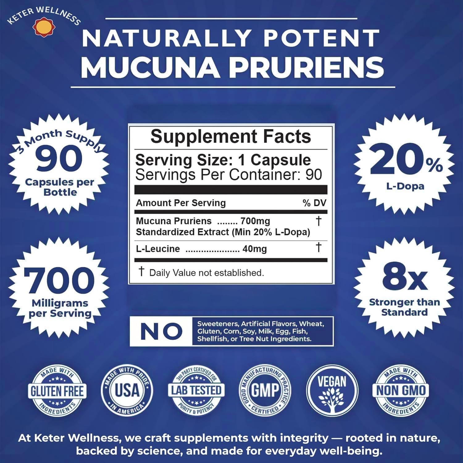 Mucuna Pruriens 20% L-Dopa – Extracto Estandarizado de Frijol de Terciopelo – 90 Cápsulas Veganas