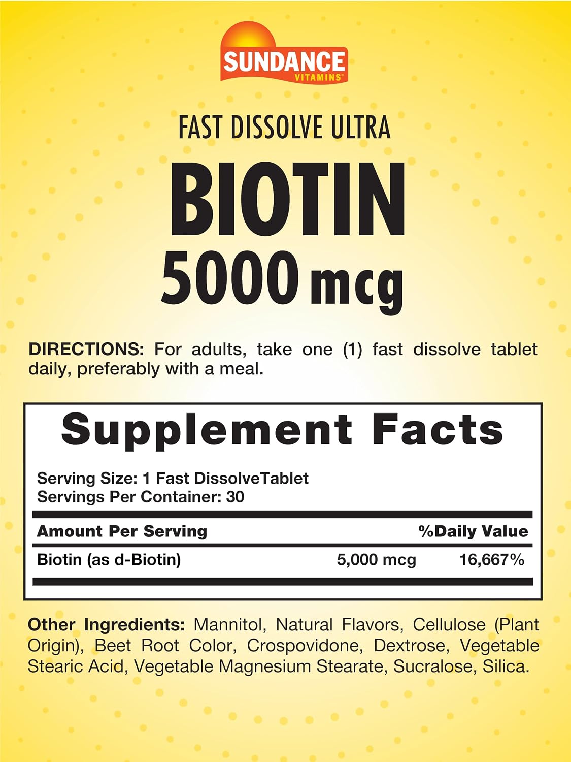 Sundance Biotina 5000 mcg de Disolución Rápida - 30 Comprimidos Sublinguales Sabor Frutos del Bosque Naturales