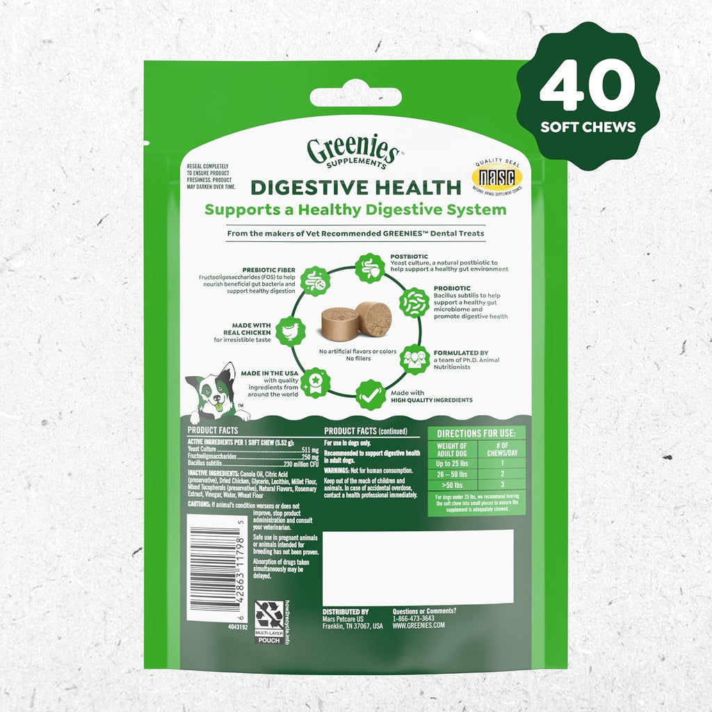 Greenies Suplementos Salud Digestiva con Probióticos para Perros - Masticables Suaves Sabor a Pollo, 40 unidades