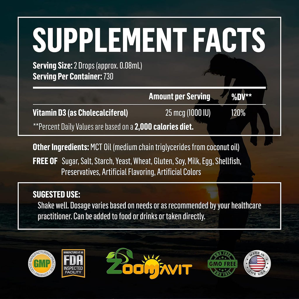 Zoomavit Vitamin D Drops - Gotas de Vitamina D3 1000 UI 59 ml - Fórmula Líquida Orgánica para Bebés, Niños y Adultos