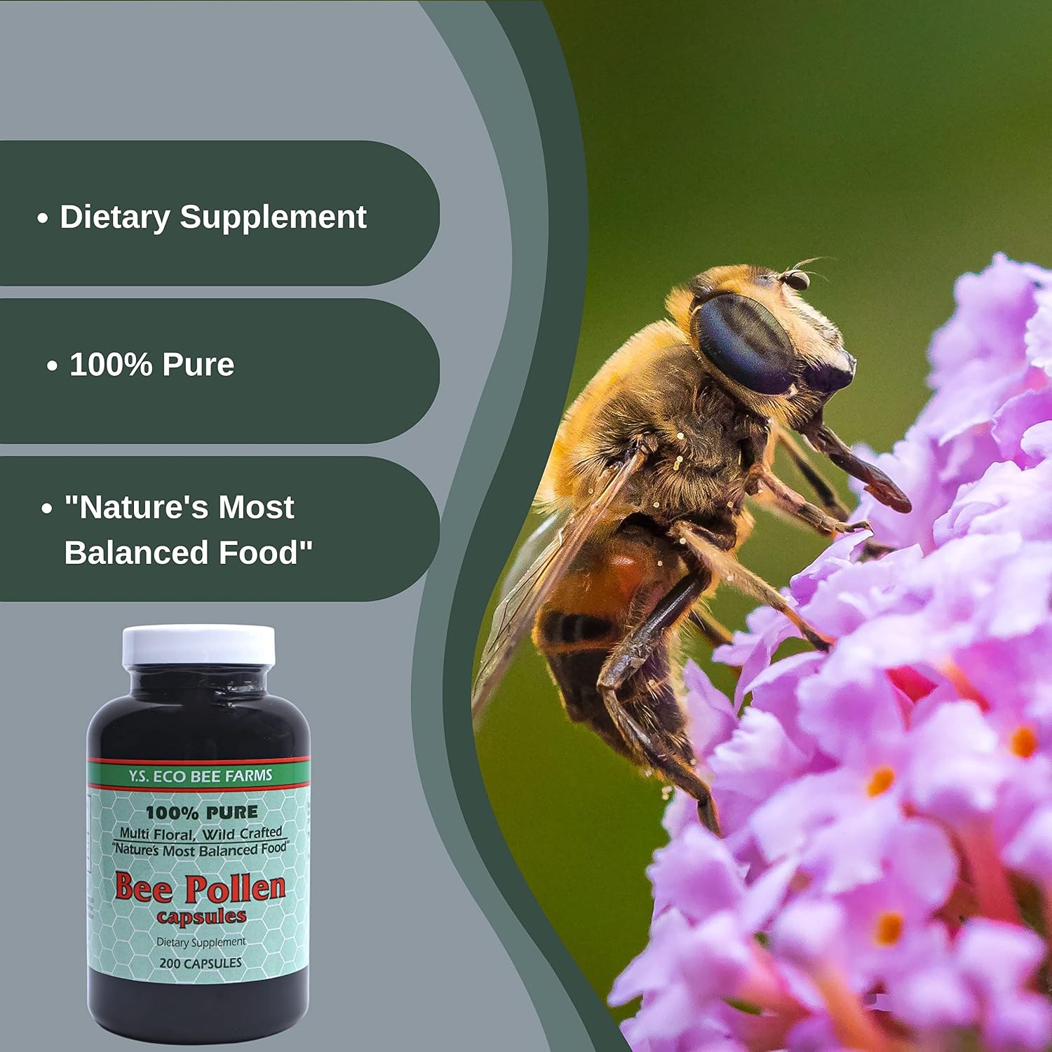 Y.S. Eco Bee Farms Polen de Abeja 100% Puro Orgánico Silvestre - 200 Cápsulas