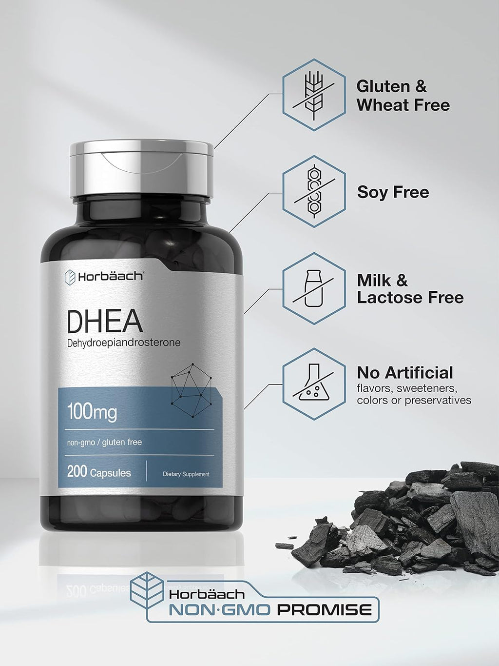 Horbäach DHEA 100mg | 200 Cápsulas | Suplemento para Hombres y Mujeres | No OGM, Sin Gluten