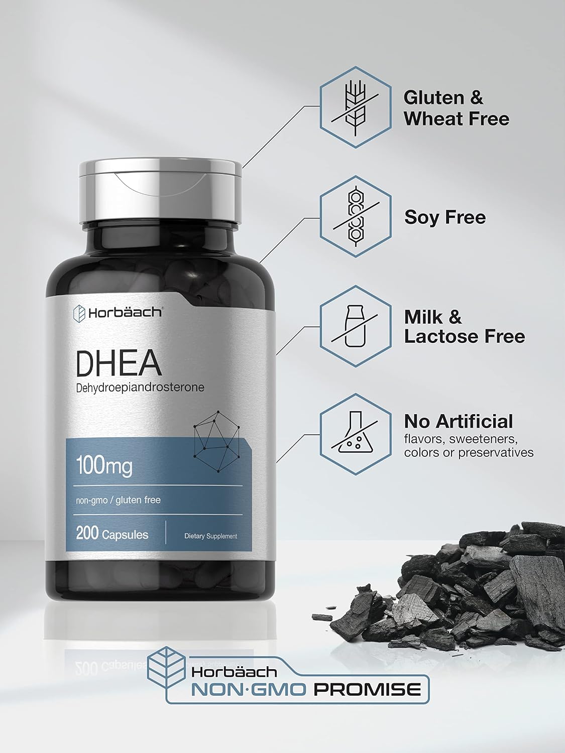 Horbäach DHEA 100mg | 200 Cápsulas | Suplemento para Hombres y Mujeres | No OGM, Sin Gluten