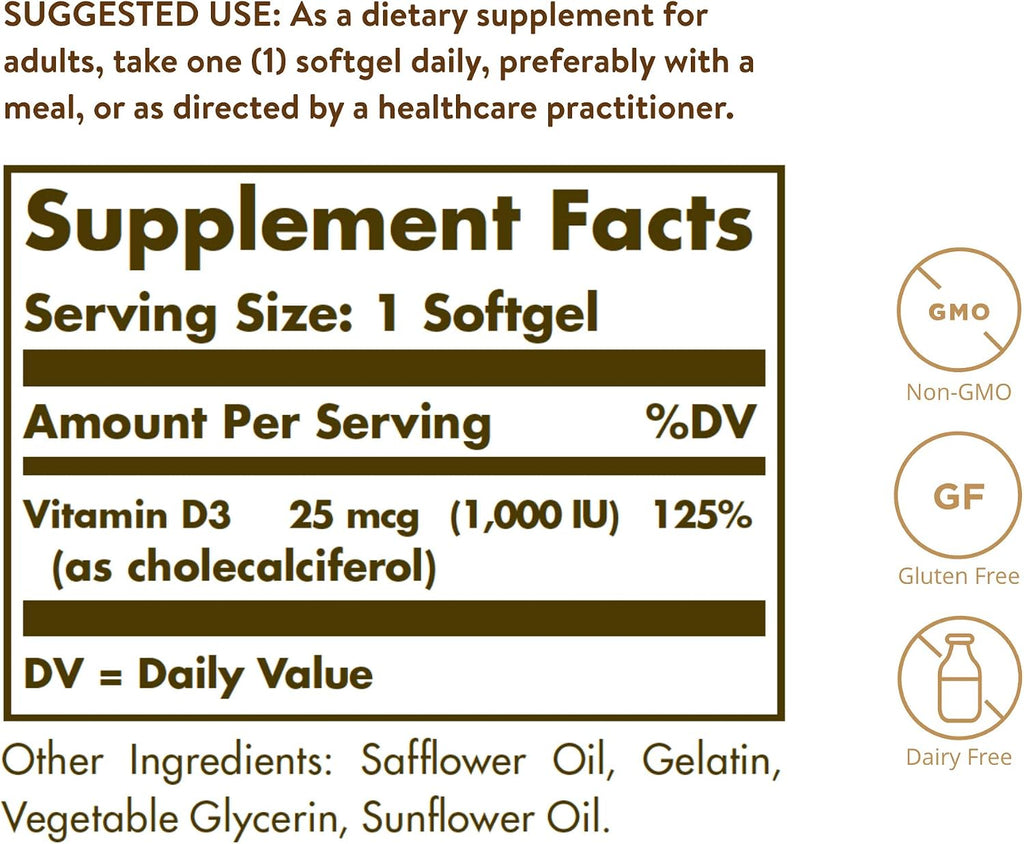 Solgar Vitamina D3 (Colecalciferol) 1000 UI, 250 Cápsulas Blandas