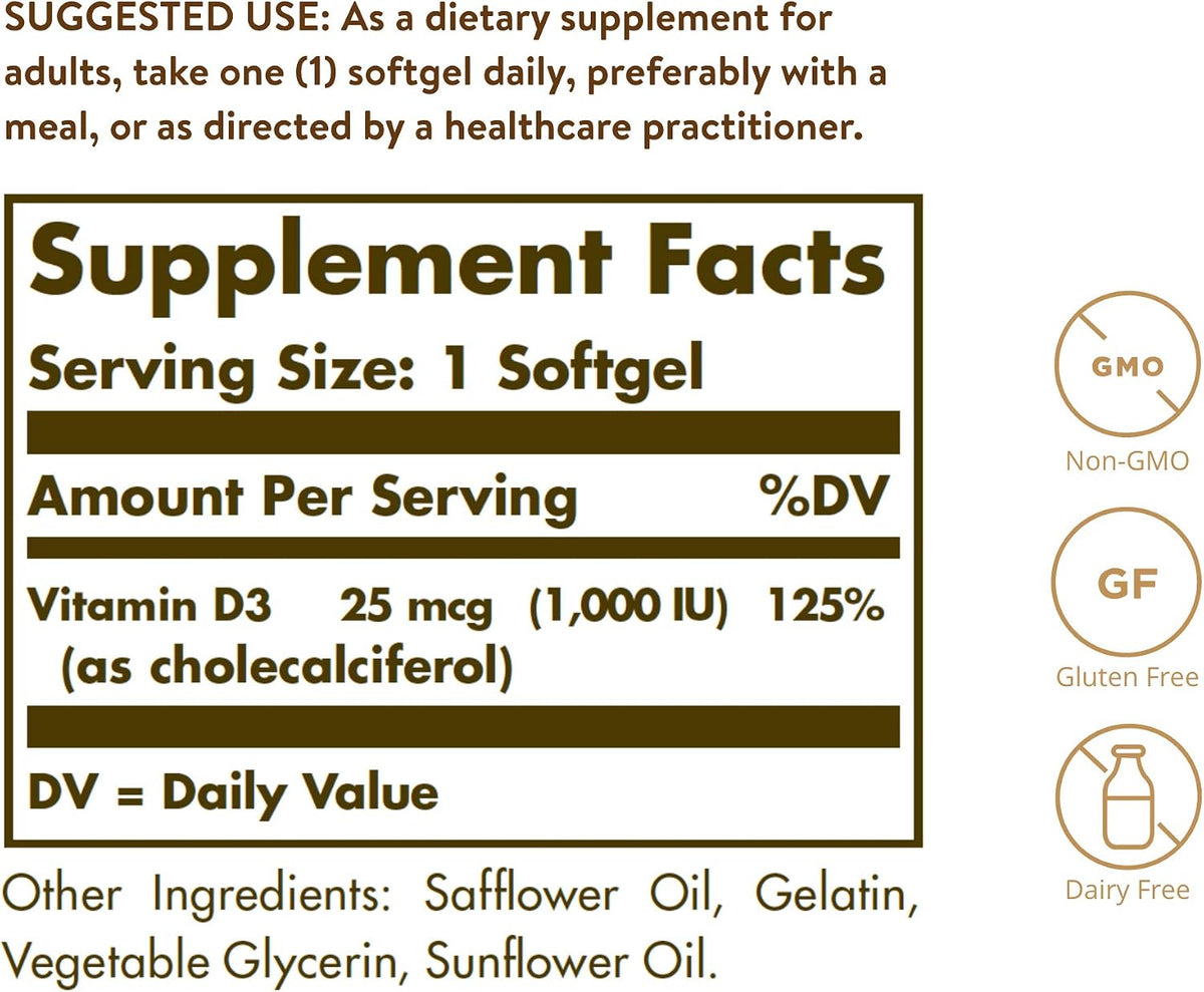 Solgar Vitamina D3 (Colecalciferol) 1000 UI, – La vitamina D contribuye al mantenimiento de los niveles normales – Image 2