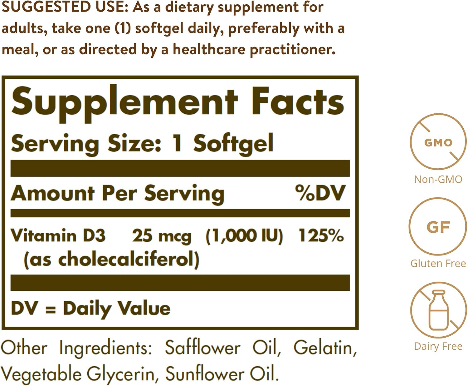 Solgar Vitamina D3 (Colecalciferol) 1000 UI, 250 Cápsulas Blandas