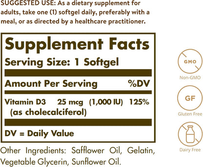 Solgar Vitamina D3 (Colecalciferol) 1000 UI, – La vitamina D contribuye al mantenimiento de los niveles normales – Image 2