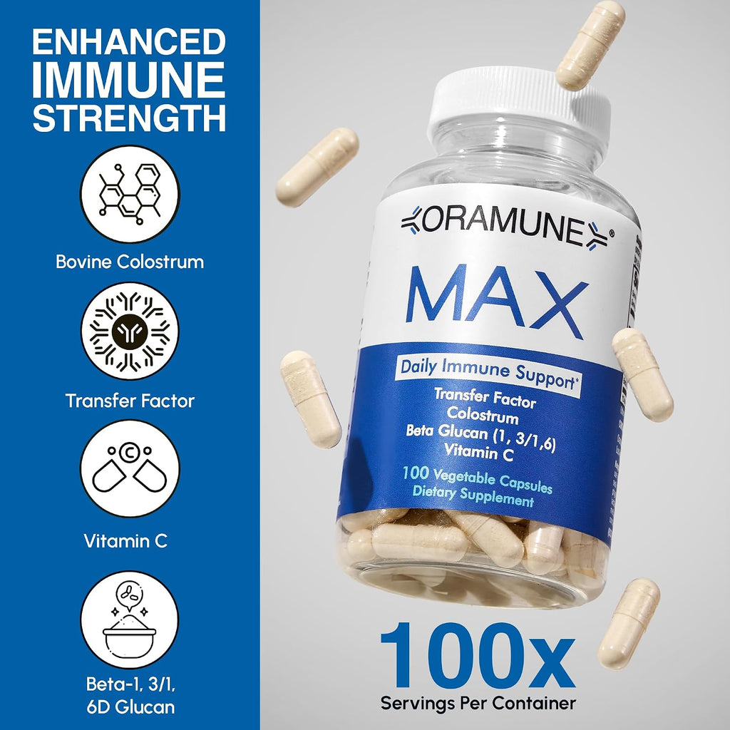 Oramune Max Support – Suplemento Inmunitario con Transfer Factor, Calostro Bovino, Beta-Glucano y Vitamina C – 100 Cápsulas