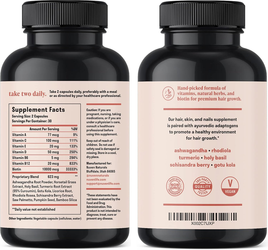 Biotina 10000 mcg con Vitaminas y Adaptógenos - Suplemento para Cabello, Piel y Uñas | Vegano, Sin Gluten, 60 Cápsulas