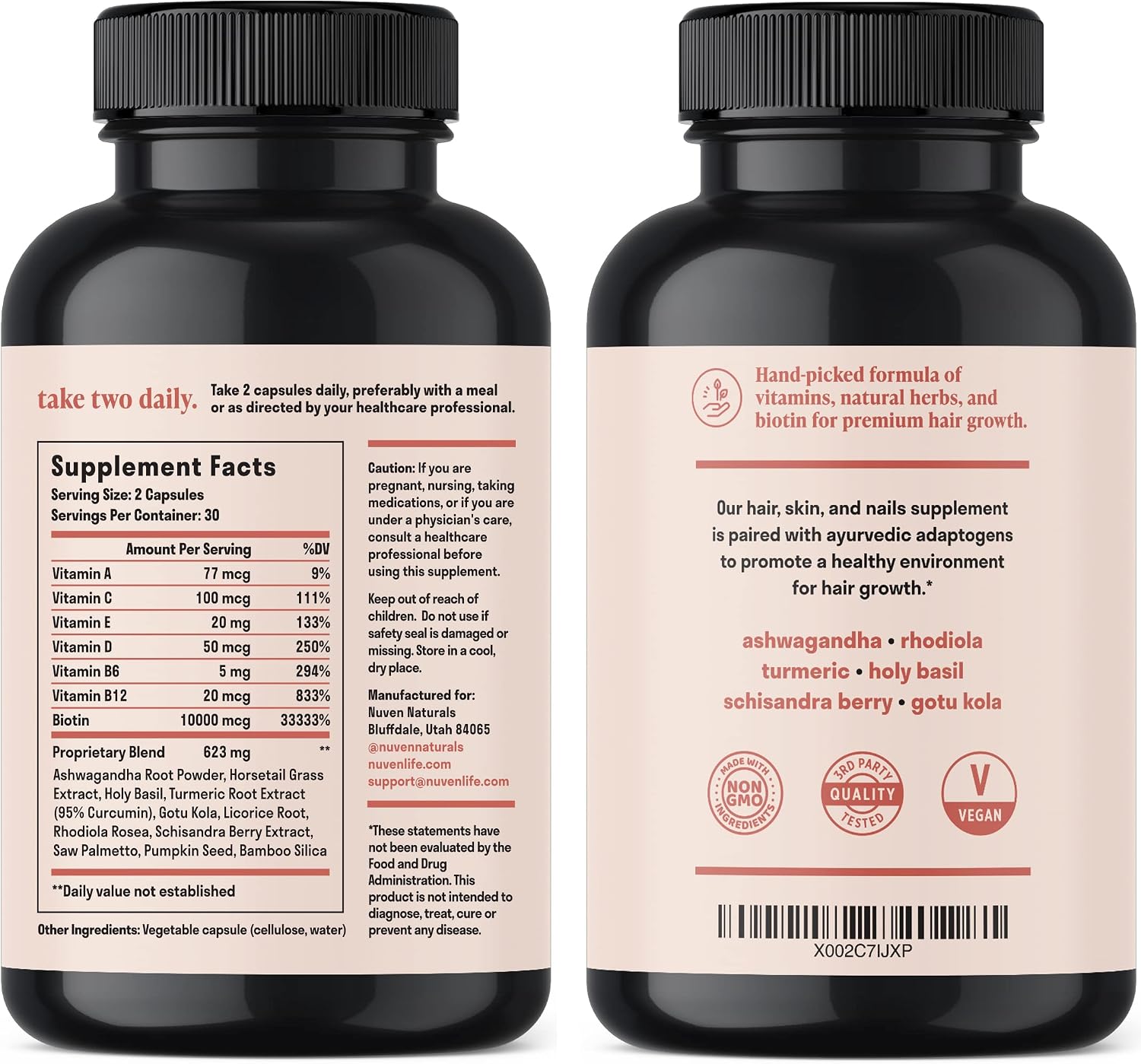 Biotina 10000 mcg con Vitaminas y Adaptógenos - Suplemento para Cabello, Piel y Uñas | Vegano, Sin Gluten, 60 Cápsulas
