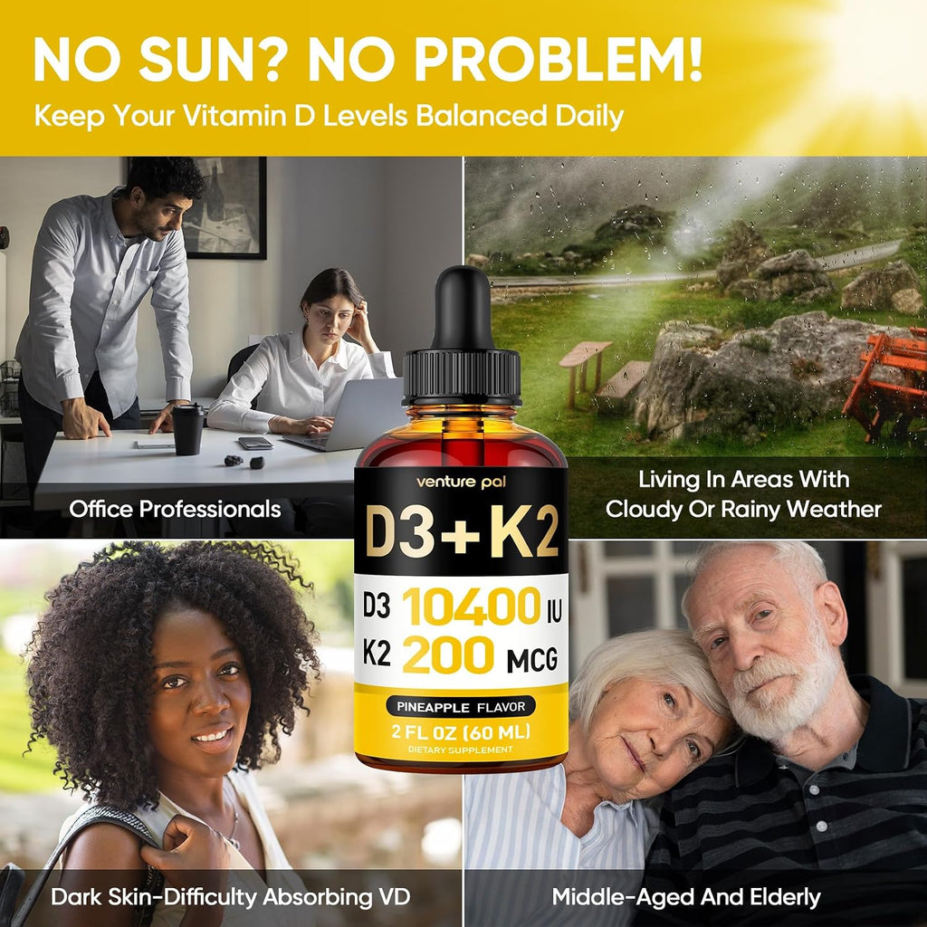 5-en-1 Vitamin D3 K2 Drops - Vitamina D3 10000 UI y K2 (MK-7) 200 mcg con Magnesio, Zinc y MCT Oil