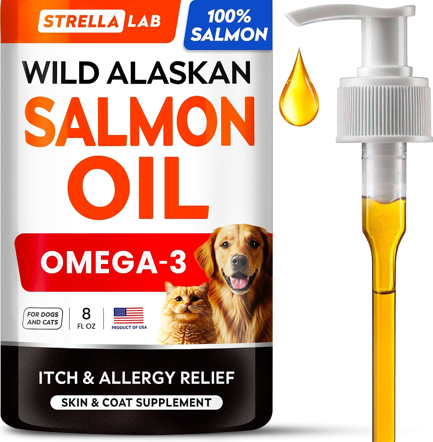 StrellaLab Aceite de Salmón Salvaje de Alaska para Perros - Omega 3 Natural, Apoyo para Piel y Pelaje, Ácidos Grasos EPA+DHA - 237 ml