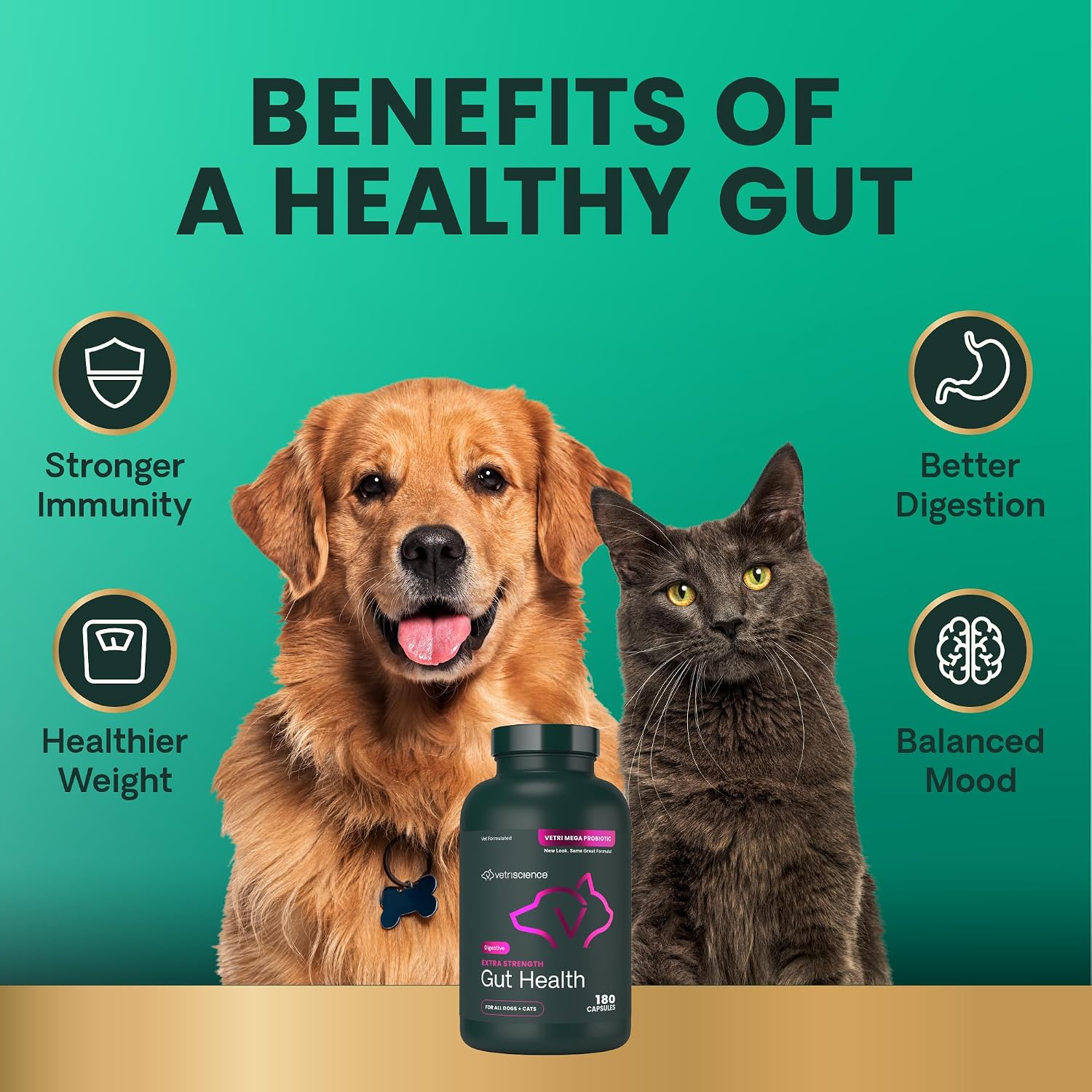 VetriScience Extra Strength Gut Health - Probiótico y Prebiótico para Perros y Gatos - 180 Cápsulas