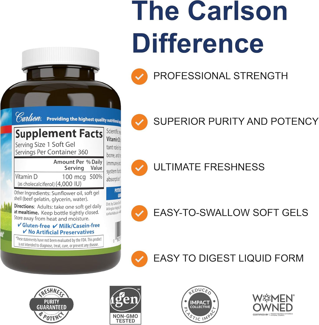 Carlson Vitamin D3, 4000 IU (100 mcg), 360 Softgels - Bone and Immune Health
