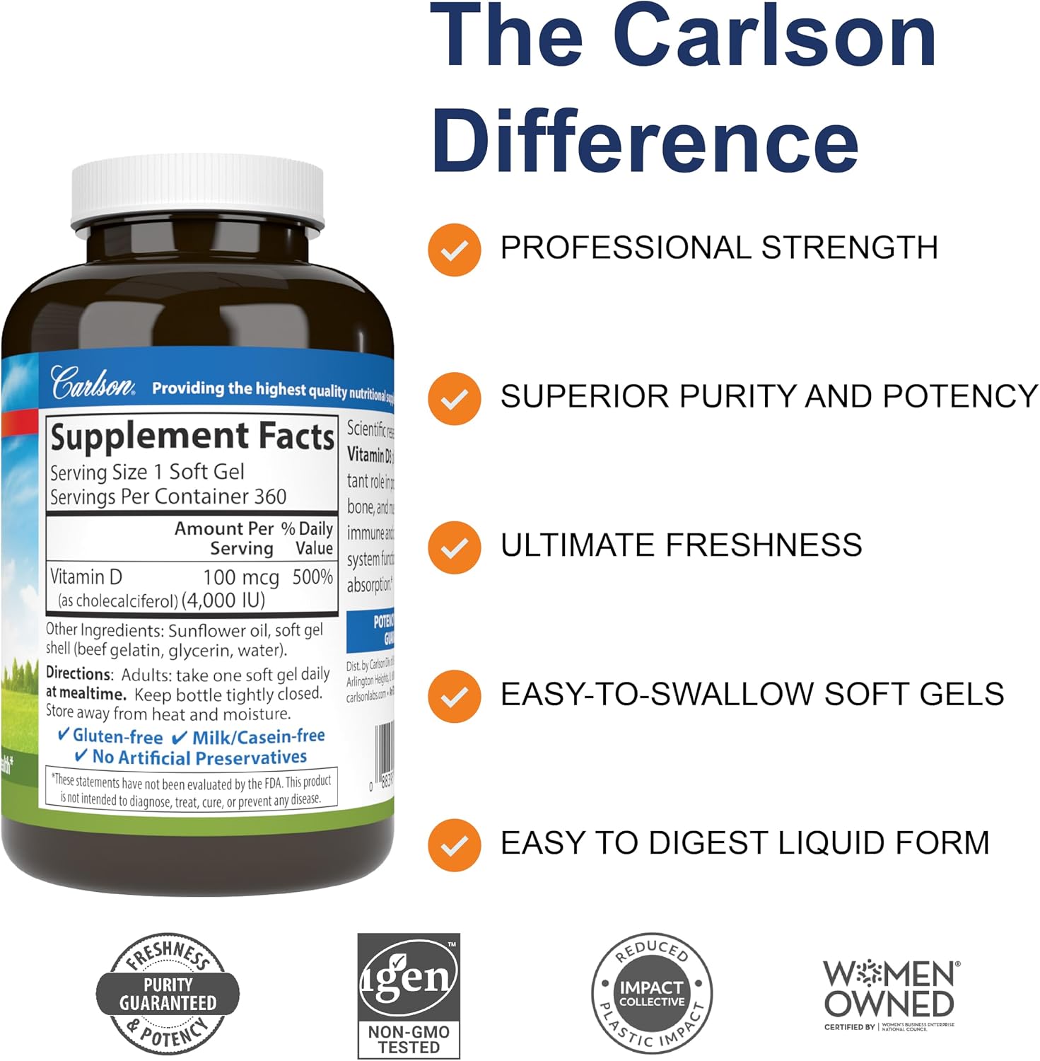 Carlson Vitamin D3, 4000 IU (100 mcg), 360 Softgels - Bone and Immune Health