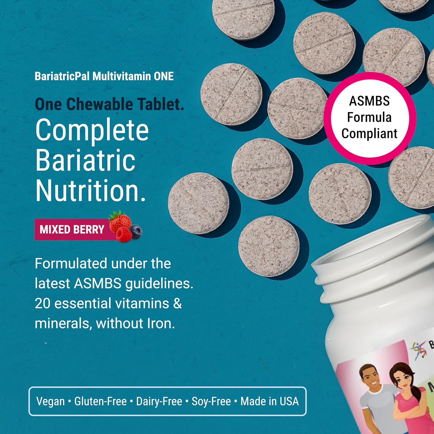 BariatricPal Multivitamin ONE - Multivitamínico masticable sin hierro sabor bayas mixtas - 30 comprimidos