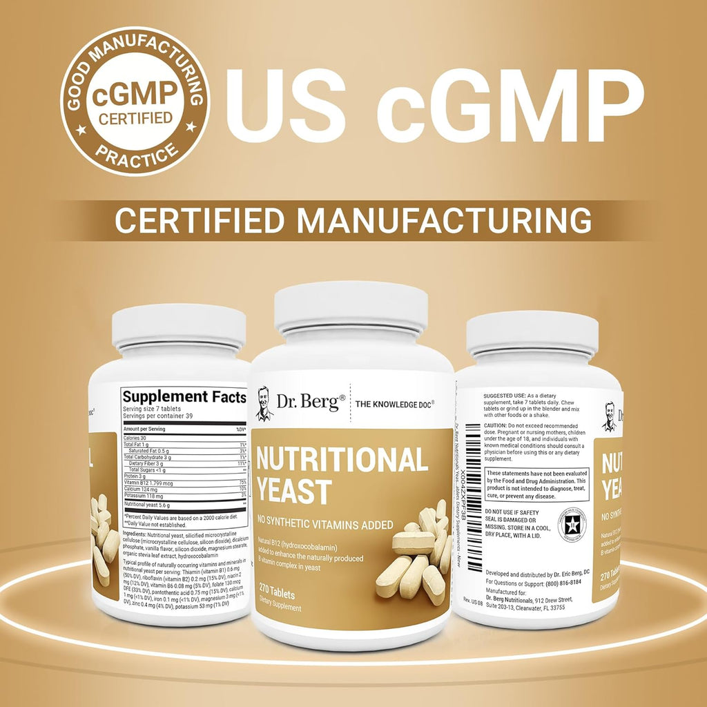 Dr. Berg Nutritionals Comprimidos de Levadura Nutricional con Vitamina B12 – Complejo B Completo – Sabor Vainilla Orgánica – 270 Comprimidos Veganos
