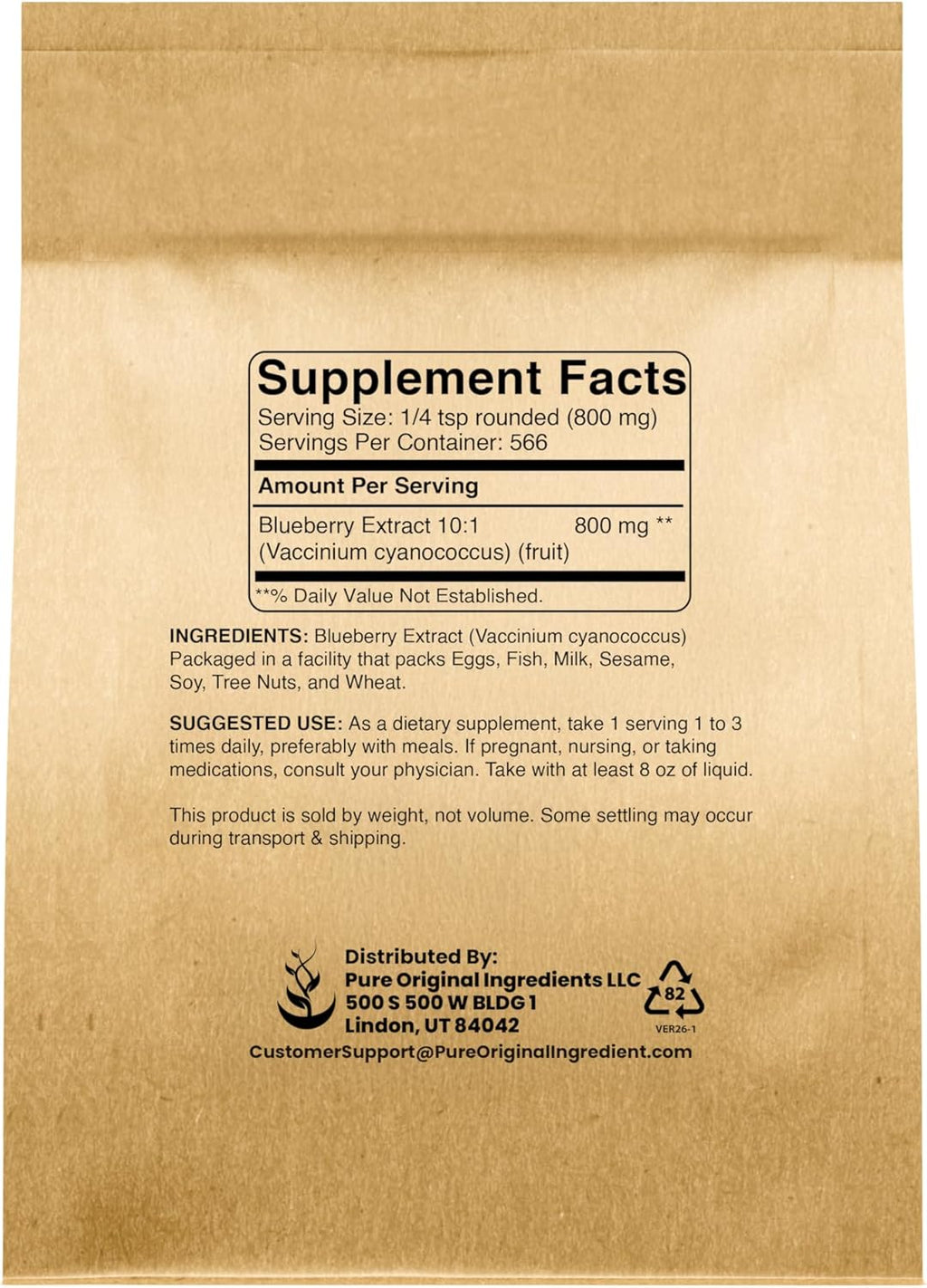 PURE ORIGINAL INGREDIENTS Extracto de Arándano en Polvo (454 g) - Suplemento Herbal Puro