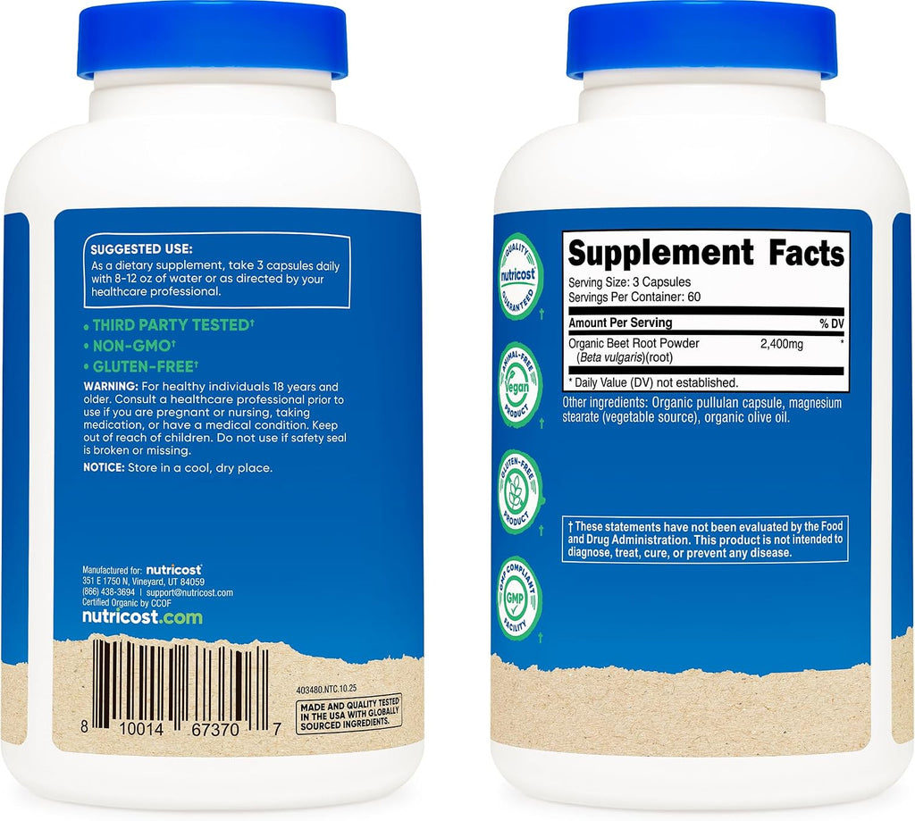 Nutricost Raíz de Remolacha Orgánica 2400mg, 180 Cápsulas - Certificado CCOF