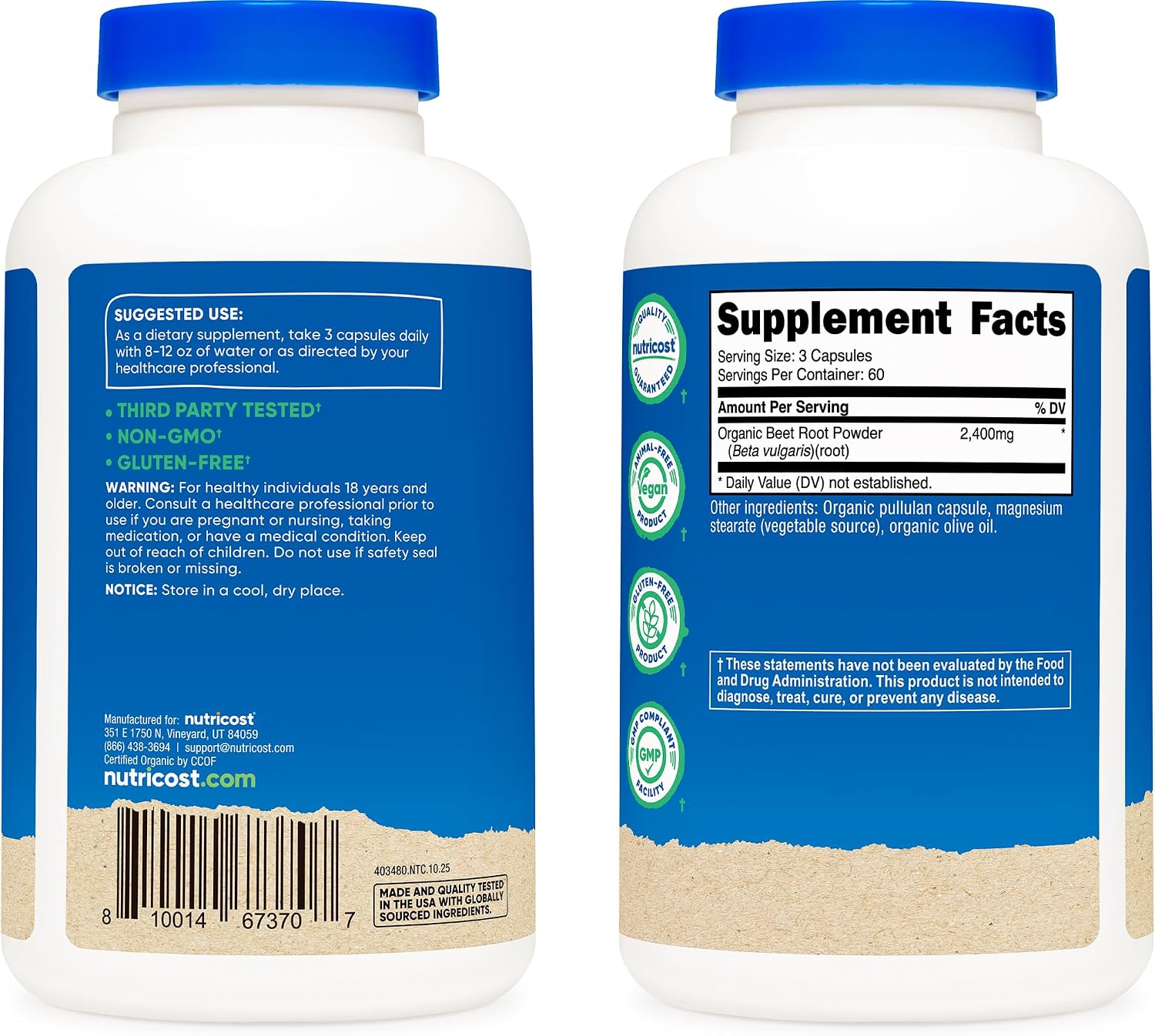 Nutricost Raíz de Remolacha Orgánica 2400mg, 180 Cápsulas - Certificado CCOF