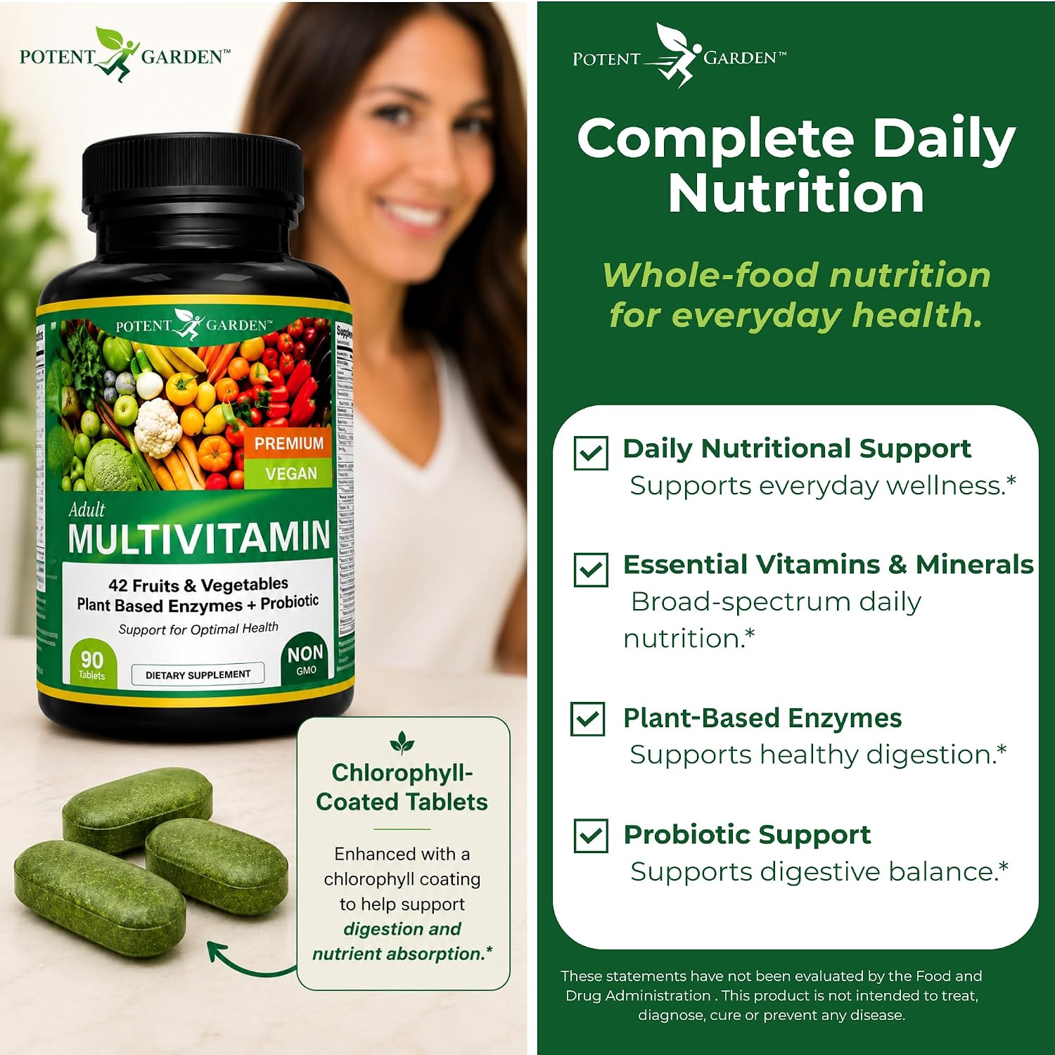Potent Garden Multivitamínico para Hombres y Mujeres – 42 Frutas y Verduras, Probióticos y Enzimas, Complemento Alimenticio Diario, 90 Comprimidos