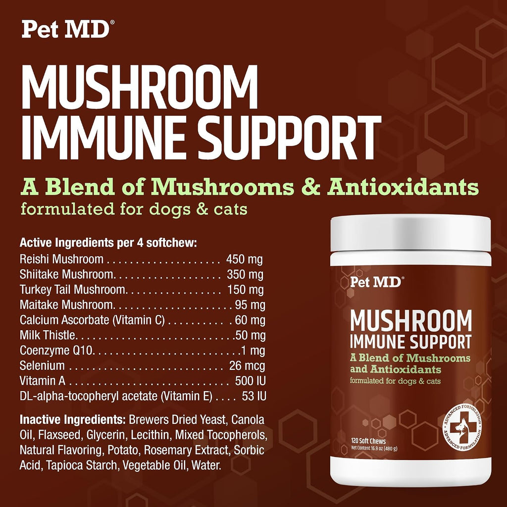 Pet MD Mushroom Immune Support para Perros y Gatos - 120 Comprimidos Masticables