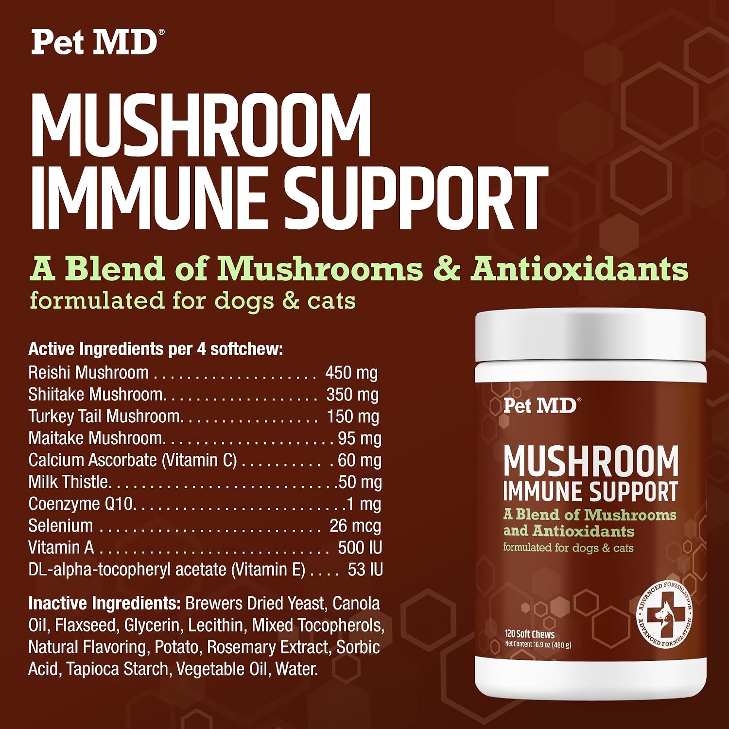 Pet MD Mushroom Immune Support para Perros y Gatos - 120 Comprimidos Masticables