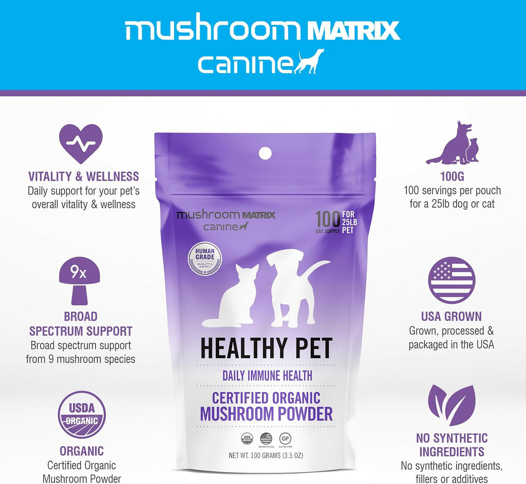 Om Mushroom Matrix Pet - Canine: Polvo de Hongos Orgánico para el Apoyo Inmunológico Diario de Perros y Gatos - 100g