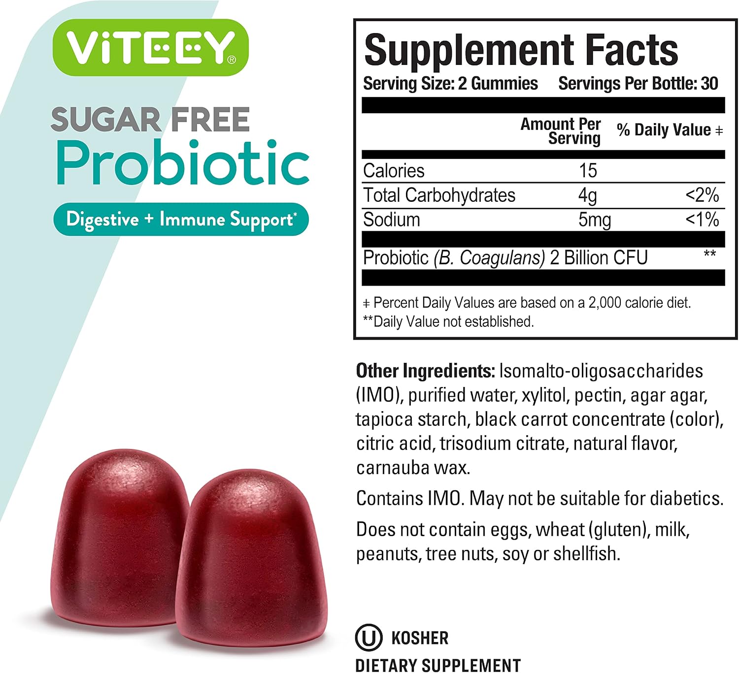 Viteey Probióticos en Gominolas Sin Azúcar - 2 Mil Millones de UFC, Sabor Frambuesa, Vegano, Sin Gelatina