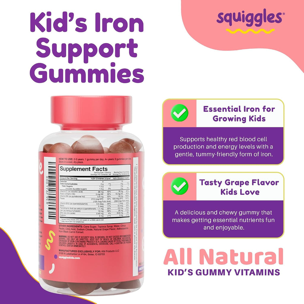 Squiggles Kids Daily Iron+ Gummies - Gomitas masticables con hierro y multivitaminas para niños, bajo en azúcar, veganas, sabor a uva (100 unidades)