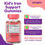 Squiggles Kids Daily Iron+ Gummies - Gomitas masticables con hierro y multivitaminas para niños, bajo en azúcar, veganas, sabor a uva (100 unidades)