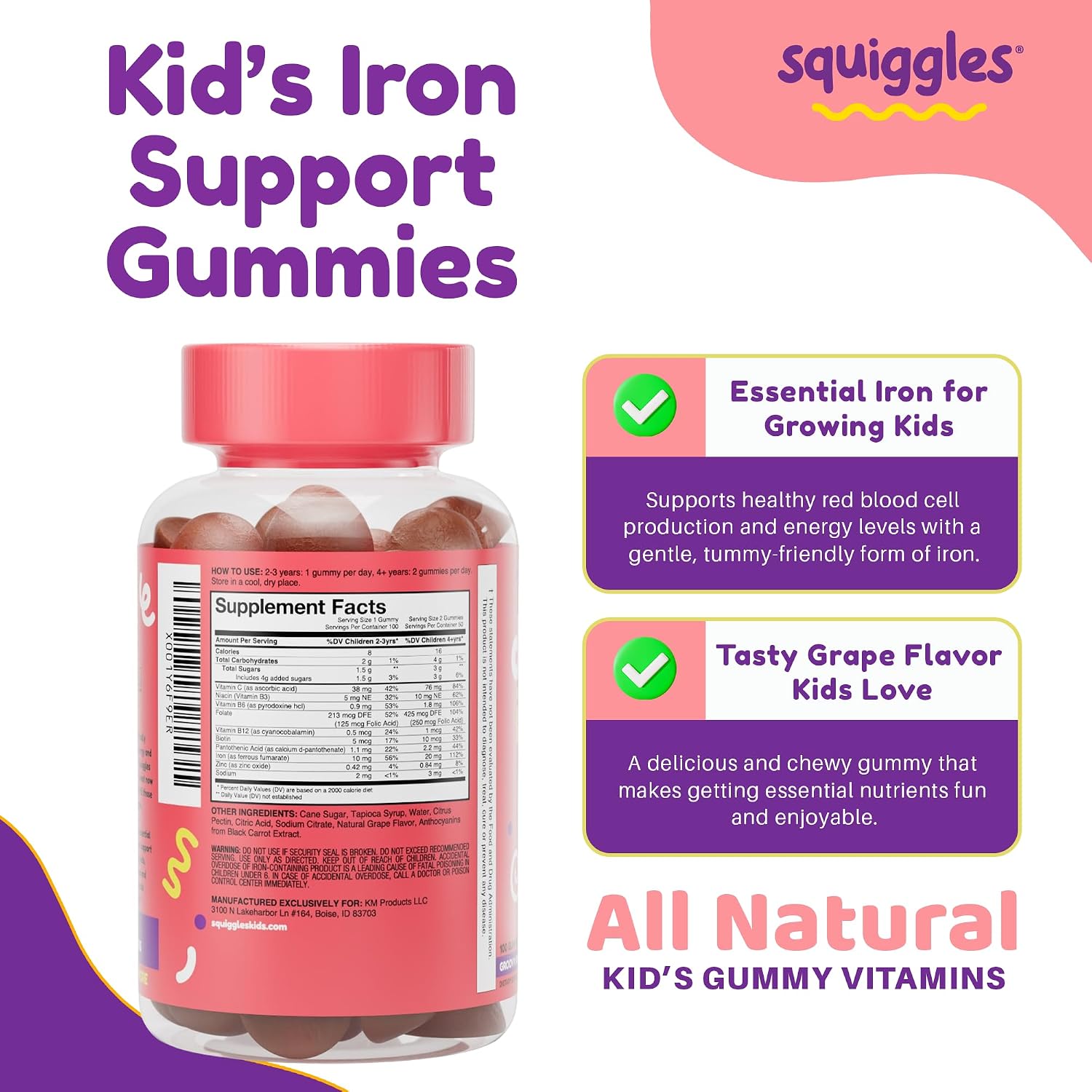 Squiggles Kids Daily Iron+ Gummies - Gomitas masticables con hierro y multivitaminas para niños, bajo en azúcar, veganas, sabor a uva (100 unidades)
