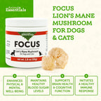 Animal Essentials Focus Lions Mane Mushroom Supplement para Perros y Gatos – 1.8 oz (51 g)