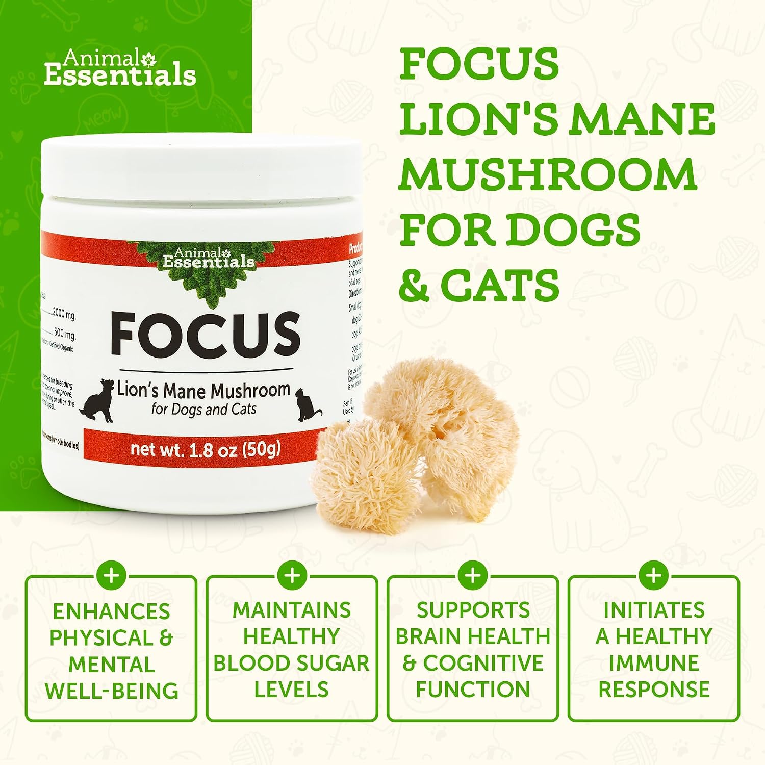 Animal Essentials Focus Lions Mane Mushroom Supplement para Perros y Gatos – 1.8 oz (51 g)