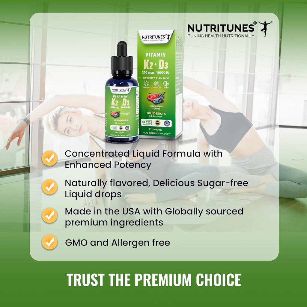 Nutritunes K2 D3 Liquid Drops – Vitamina D3 10.000 UI y K2 200 mcg – Complemento de Alta Potencia – Sabor a Bayas Mixtas – 30 Servicios (60 ml)