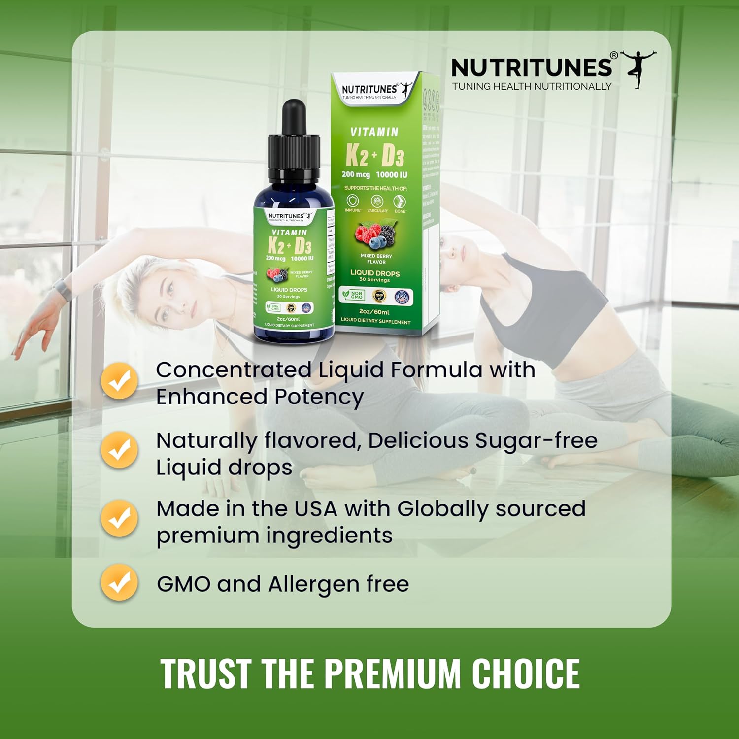 Nutritunes K2 D3 Liquid Drops – Vitamina D3 10.000 UI y K2 200 mcg – Complemento de Alta Potencia – Sabor a Bayas Mixtas – 30 Servicios (60 ml)
