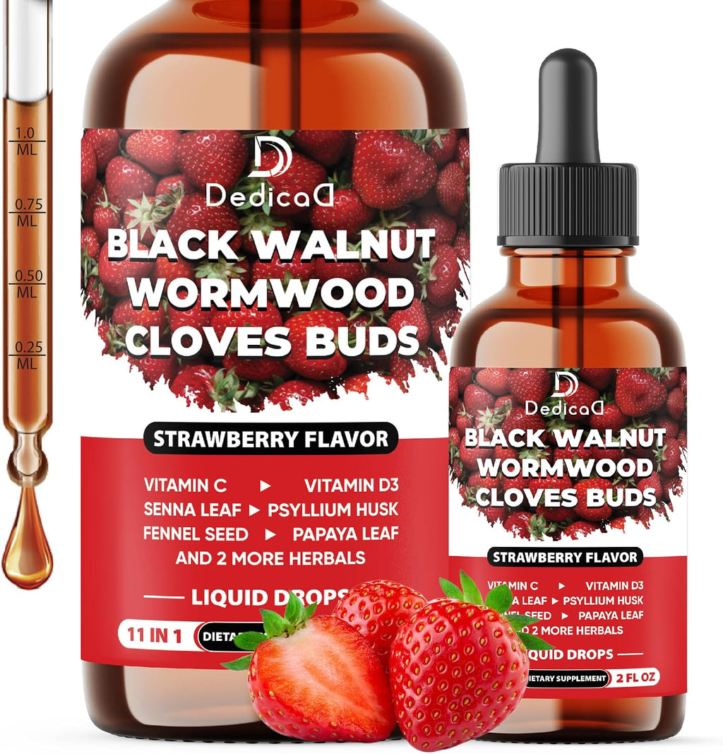 DEDICAD 11in1 Gotas Líquidas de Nogal Negro, Ajenjo y Clavo - 60 ml (2 fl oz) - 60 Días - Sabor Fresa