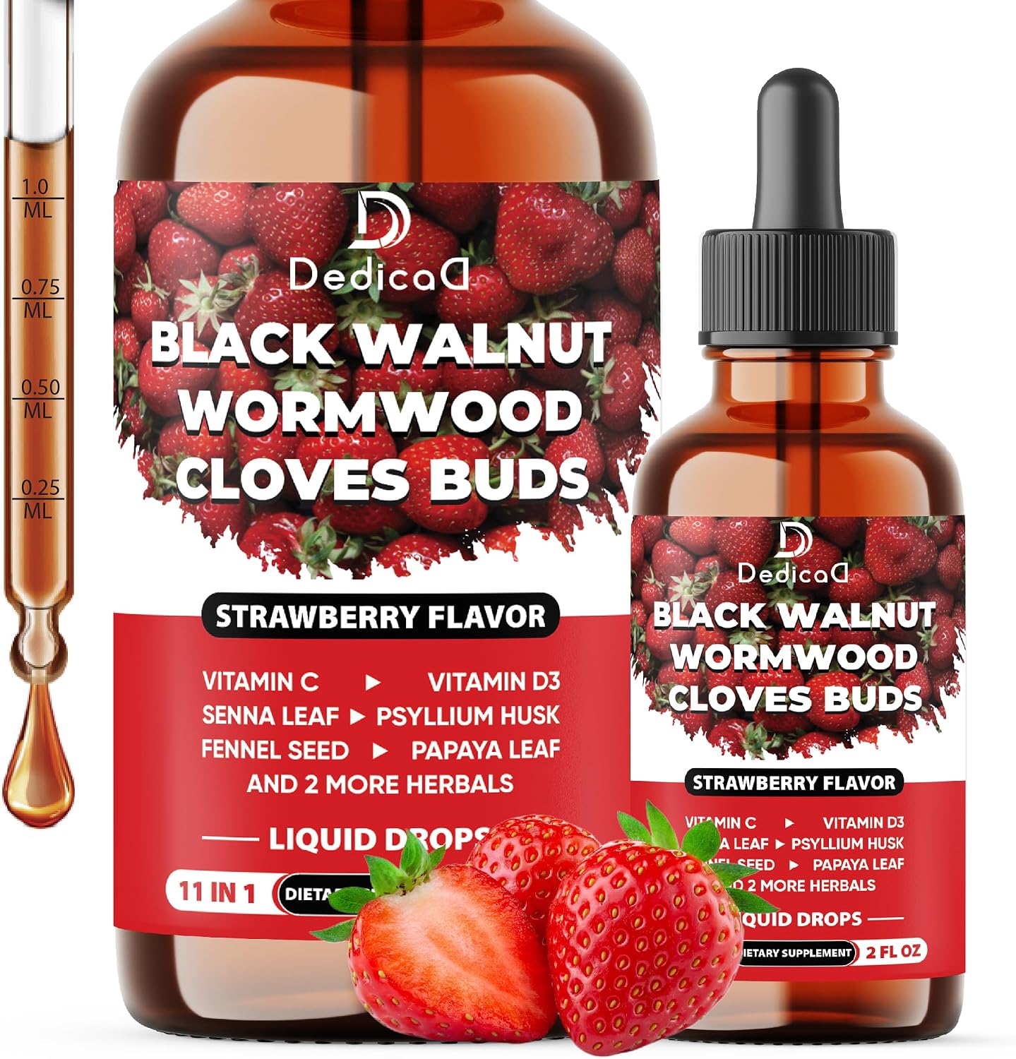DEDICAD 11in1 Gotas Líquidas de Nogal Negro, Ajenjo y Clavo - 60 ml (2 fl oz) - 60 Días - Sabor Fresa