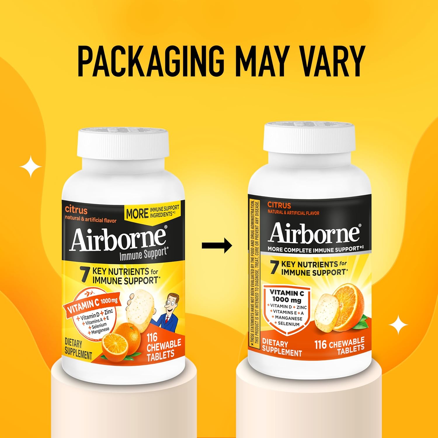 Airborne tabletas masticables sabor cítrico, 116 unidades | Suplemento para el sistema inmunitario con 1000 mg de vitamina C + vitaminas A, D, E, zinc, selenio y manganeso | Mezcla de hierbas | Sin gluten