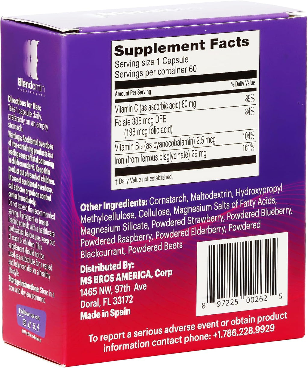 Blendamin Hierro Gluconato Ferroso con Vitaminas B12, Ácido Fólico y Vitamina C - 60 Cápsulas