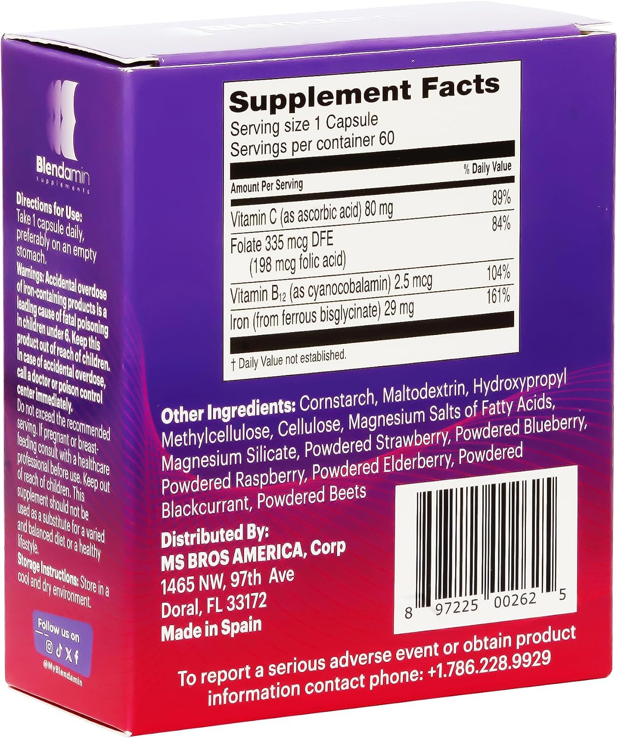 Blendamin Hierro Gluconato Ferroso con Vitaminas B12, Ácido Fólico y Vitamina C - 60 Cápsulas