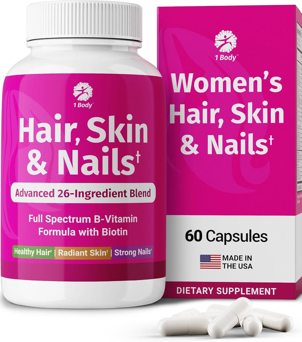 1 Body Pelo, Piel y Uñas con Biotina - Vitaminas Veganas (Paquete Doble)
