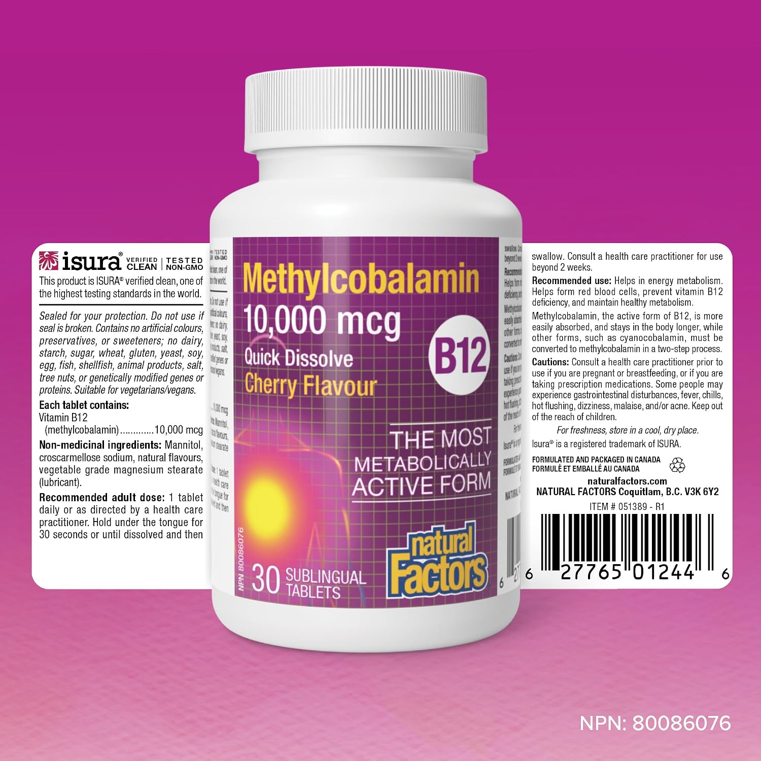 Natural Factors Methylcobalamin 10.000 mcg - Vitamina B12 metabólicamente activa - 30 comprimidos masticables